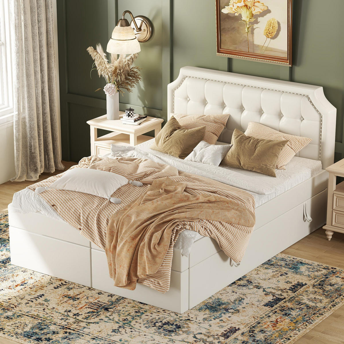 POLSTERBETT 140/200 cm aus PU mit großem Stauraum und klappbarem Lattenrost - Weiß, Leder (140/200cm) - OKWISH