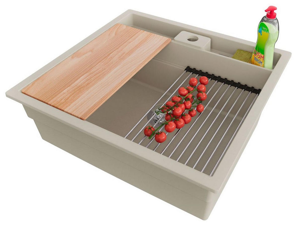 SPÜLBECKEN Bergen Pocket, 2-er set Beige 56/54 cm 1 Becken + Ablauf-Set + Küchenzubehörset ab 60er Unterschrank - Chromfarben/Beige, Kunststoff (56/20/54cm) - Primagran