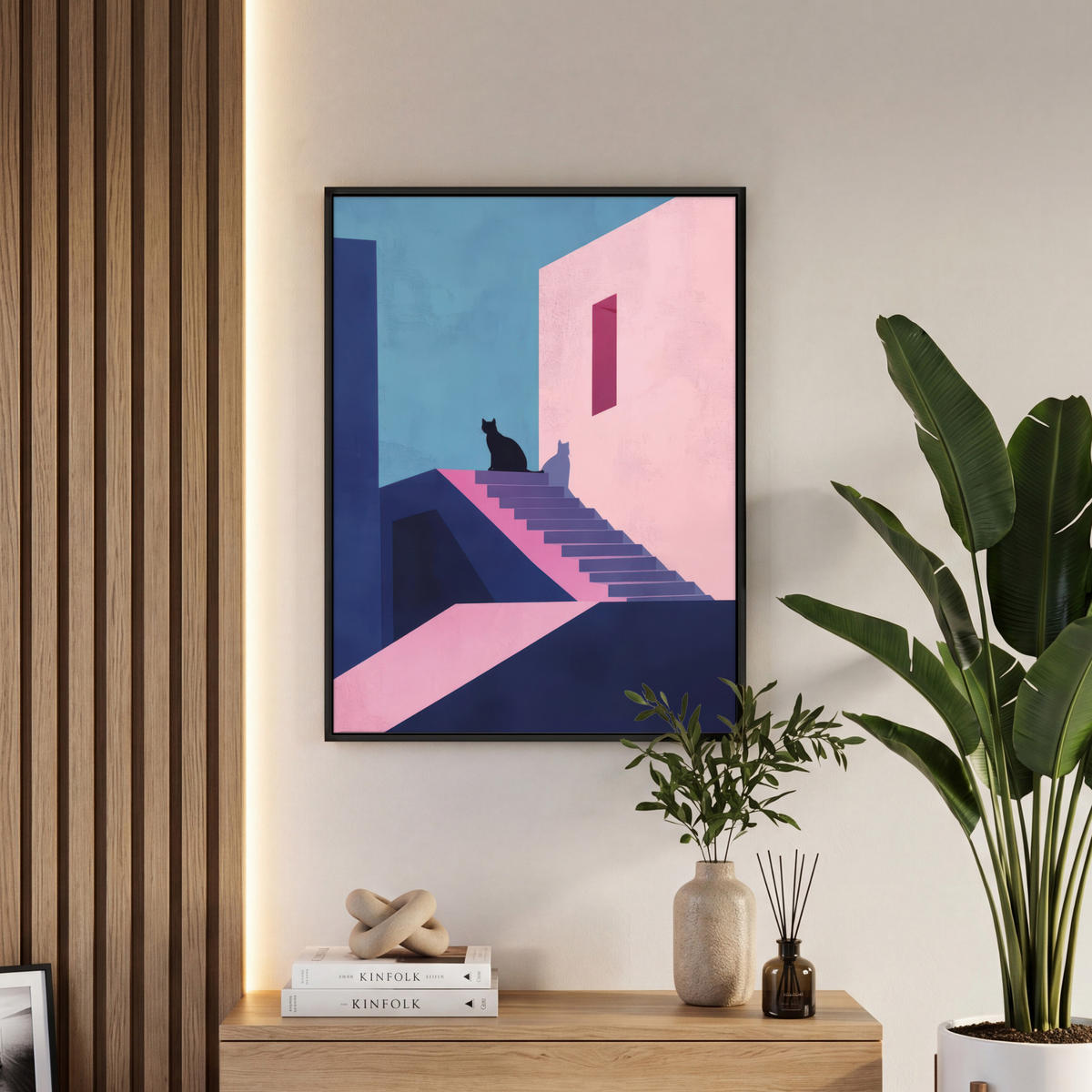 LEINWAND Bilder mit Rahmen - Katze - Treppe - Gebäude - Schattenkontraste - 50x70 - Dunkelblau, Textil (50/70cm) - MuchoWow