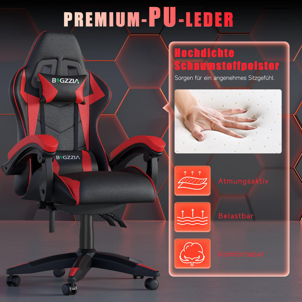 GAMINGSTUHL Schwarz-Rot ergonomisch - Rot, Leder (29/59/79cm) - Rattrix