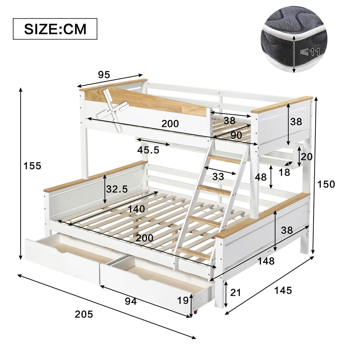 ETAGENBETT 90/200 cm mit Windmühle Weiß+Natur aus Kiefer und MDF mit Regalen und Schubladen - Weiß, Holzwerkstoff (90/200cm) - OKWISH