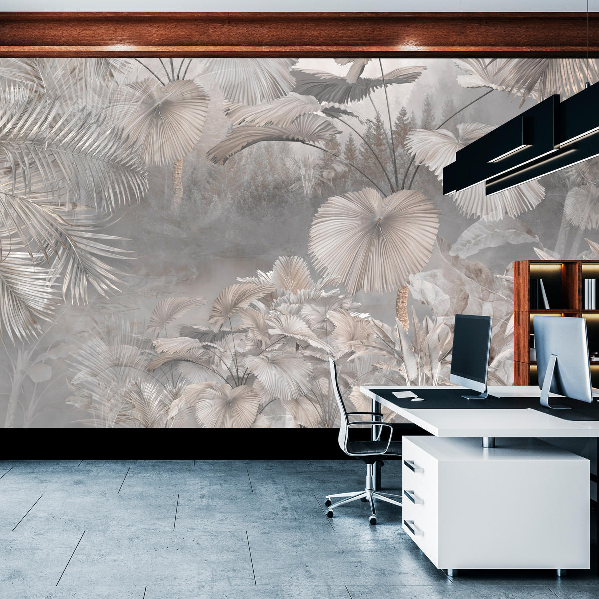 FOTOTAPETE für Wohnzimmer Tropische Blätter Dschungel Palmen Grau 300x210 - Beige/Grau, Papier (300/210cm) - Muralo