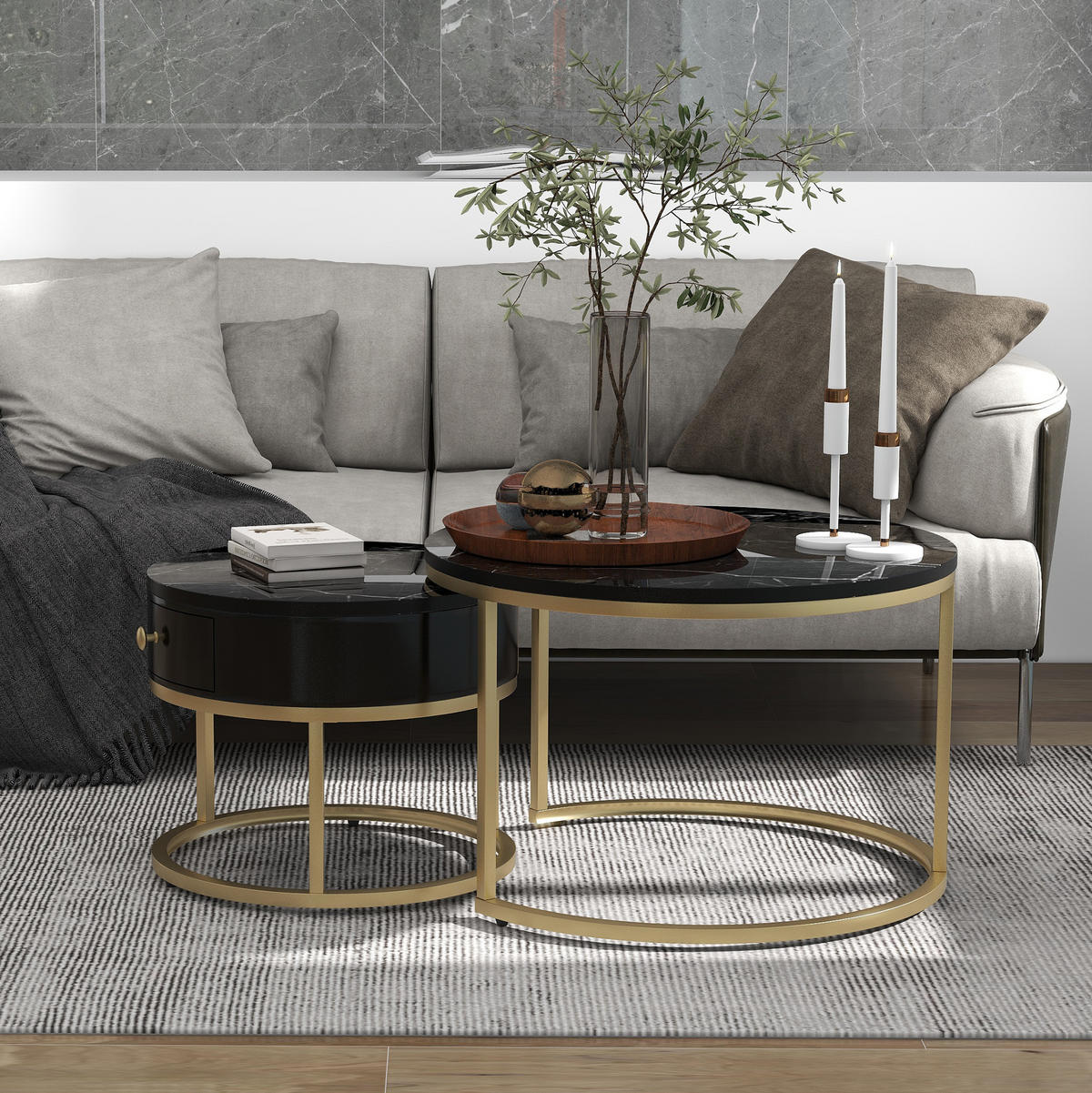 COUCHTISCH-SET 70/70/48 cm Schwarz aus Holzwerkstoff mit Hochglanz-Marmormuster im Nesting-Design - Schwarz, Holzwerkstoff (70/70/48cm) - OKWISH