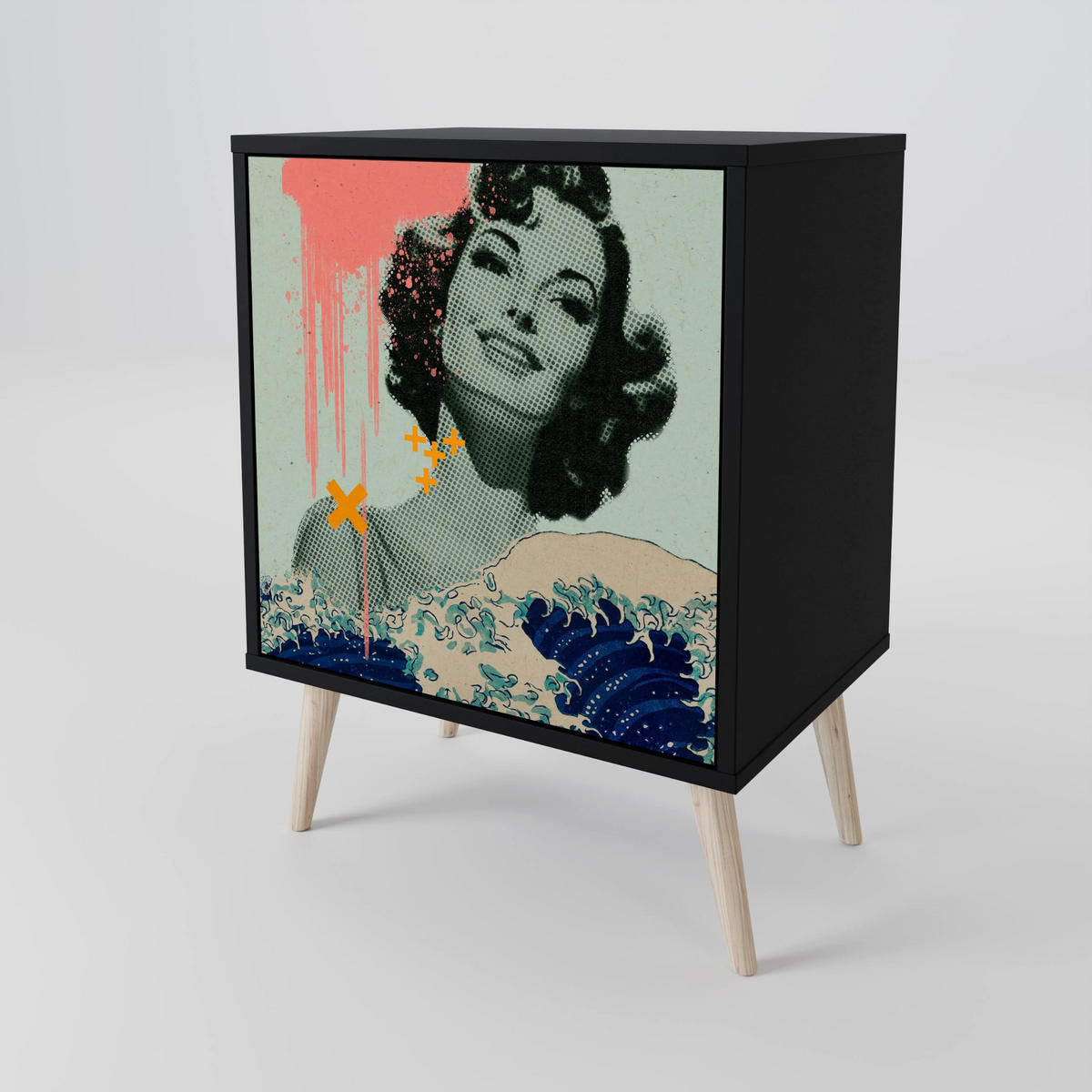 SIDEBOARD KANAGAWA BEAUTY, Schwarz, 57,5x42x72,5 cm, Schwarze Metallfüße - Multicolor/Schwarz, Holzwerkstoff/Metall (57.5/72.5/42cm) - SpaceRebels
