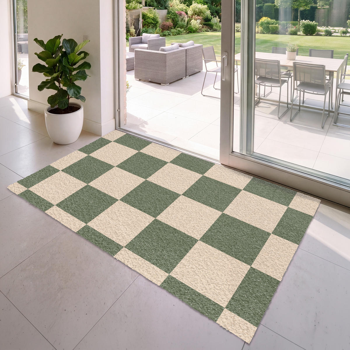 FUSSMATTE Schachbrettmuster - Grün - Beige - Blöcke Flurteppich 180x120 cm - Olivgrün, Kunststoff (180/120cm) - MuchoWow