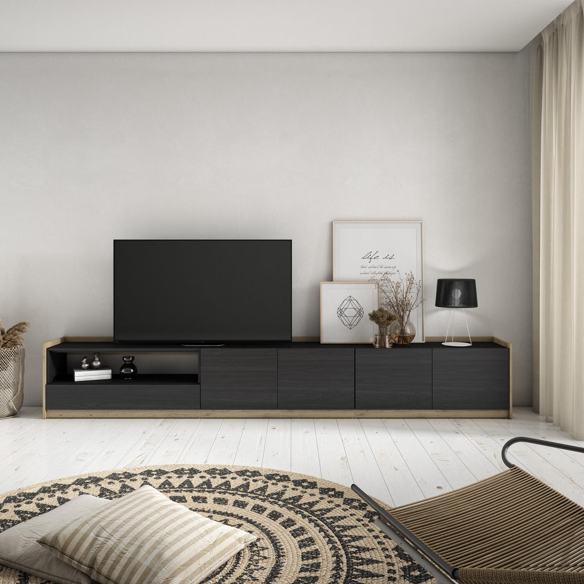 TV-SCHRANK, Lowboard, Schwarz Eiche, 310/37/50cm - Schwarz, Holzwerkstoff (310/50/37cm) - Skraut Home