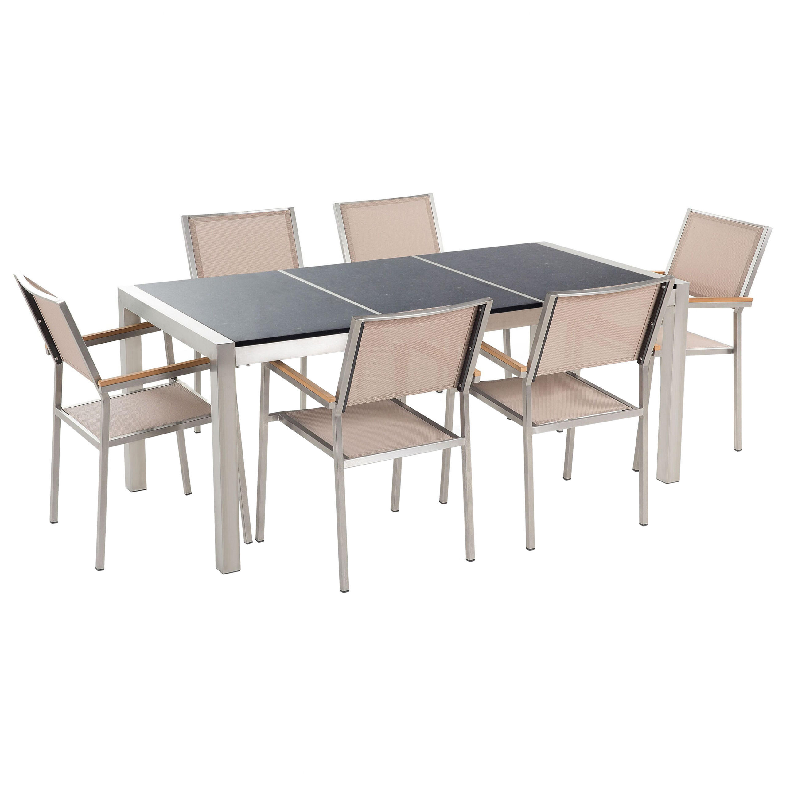 GARTENMÖBEL SET 6-Sitzer Naturstein schwarz poliert beige Grosseto - Beige/Silberfarben, Metall - Beliani