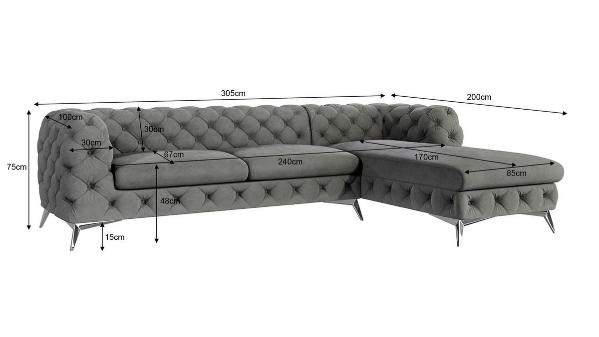 ECKSOFA Chesterfield Laura Grau Samt - Silberfarben/Grau, Holz/Textil (305/200cm) - S-Style Möbel