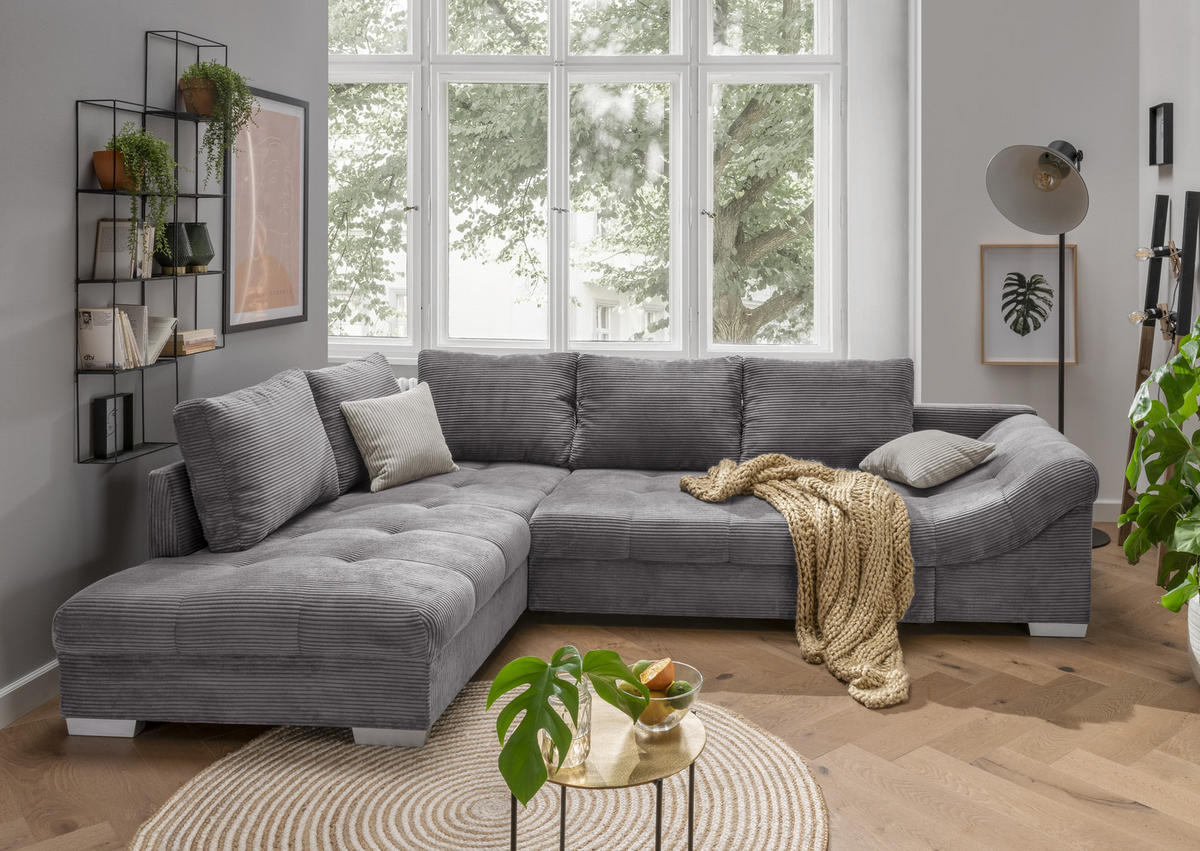 ECKSOFA mit Schlaffunktion, Wellenunterfederung, Ottomane links B298/T202/H84 cm, Liegefl. 154x227 cm, Cord Grau / 17202 - Beige/Silberfarben, Holz/Textil (298/202cm) - luma-home