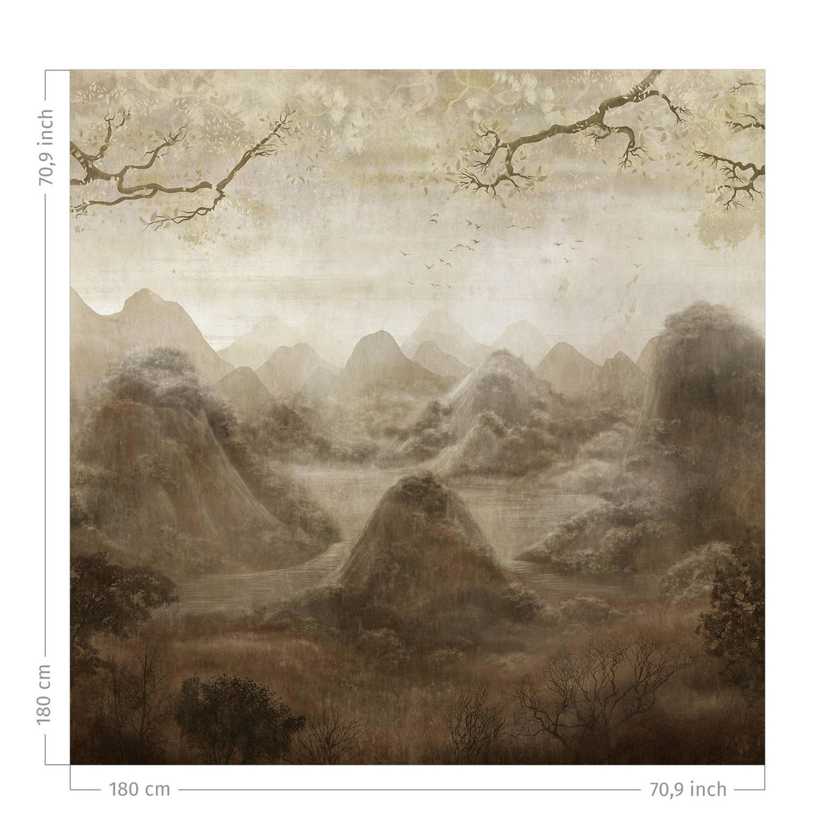 DUSCHVORHANG Blick durch Zweige auf die Berge braun 180/180 cm - Braun, Textil (180/180cm) - Bilderwelten