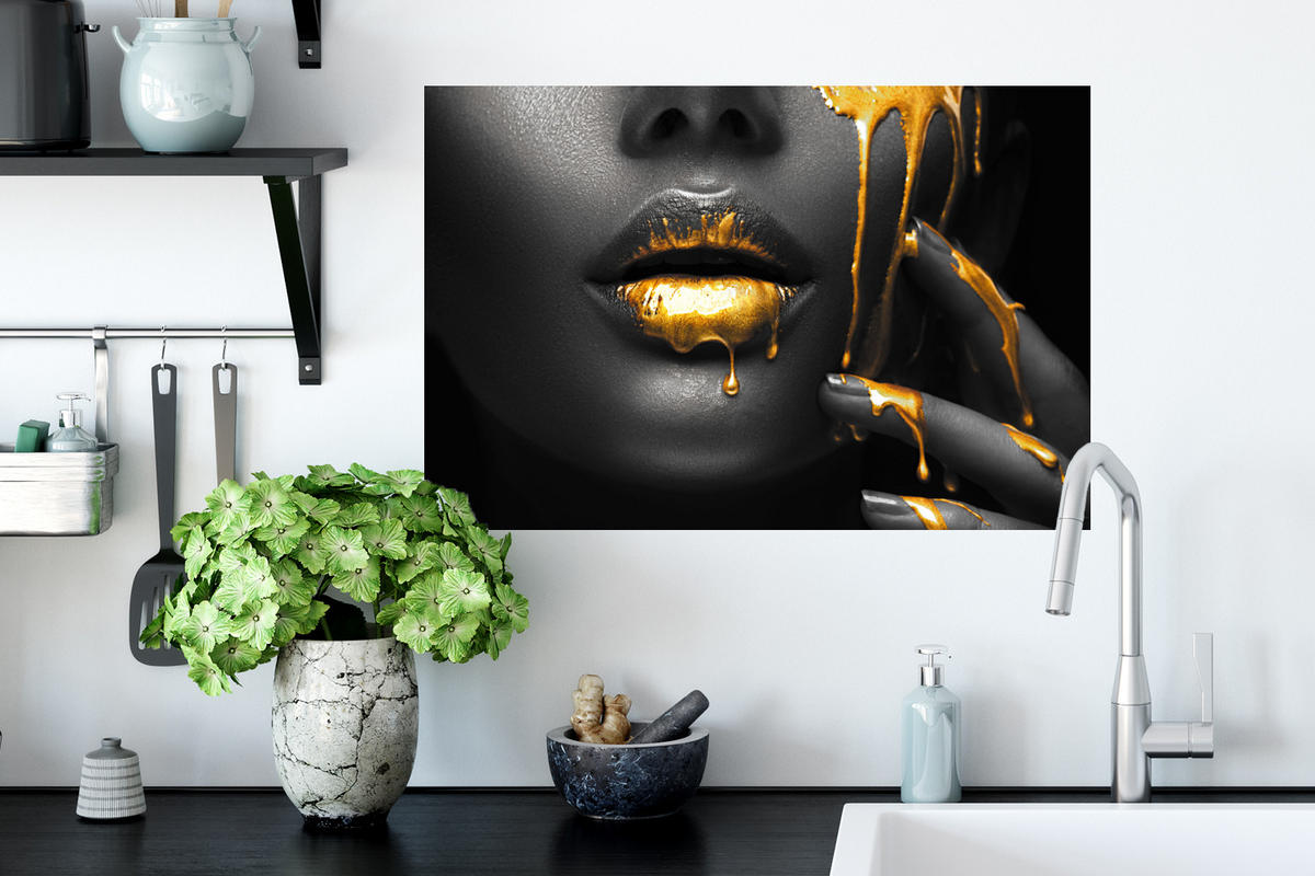 WANDTATTOO Frau - Schwarz - Gold - Gesicht - Lippen 60x40 cm - Goldfarben, Kunststoff (60/40/0.1cm) - MuchoWow