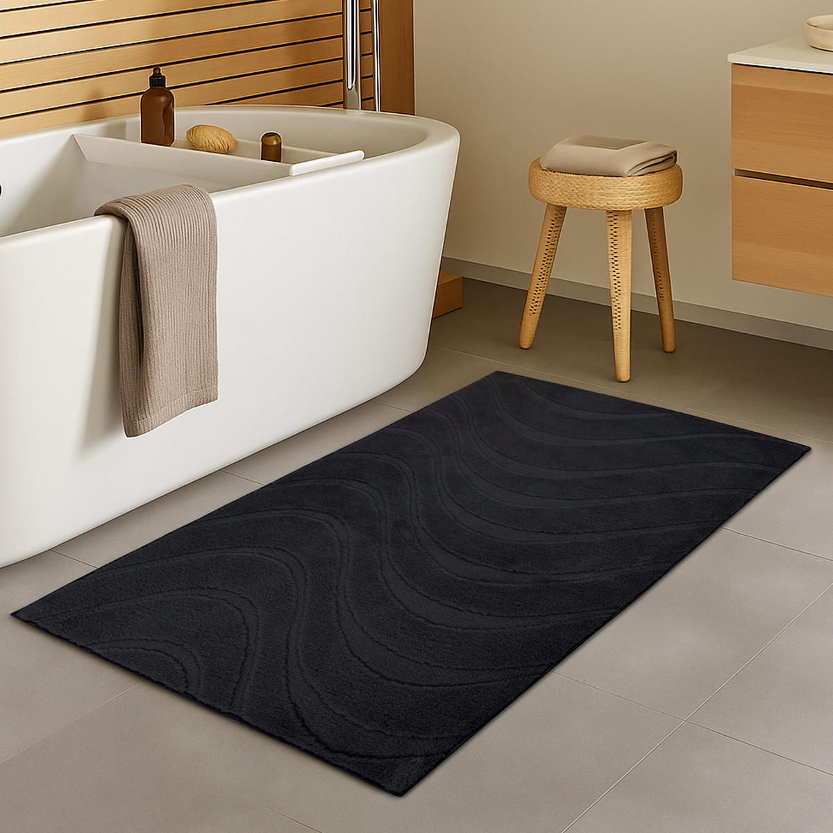 BADTEPPICH Waschbar Bath Waves 400 Schwarz 40x60 cm - Schwarz, Textil (40/60cm) - carpet city