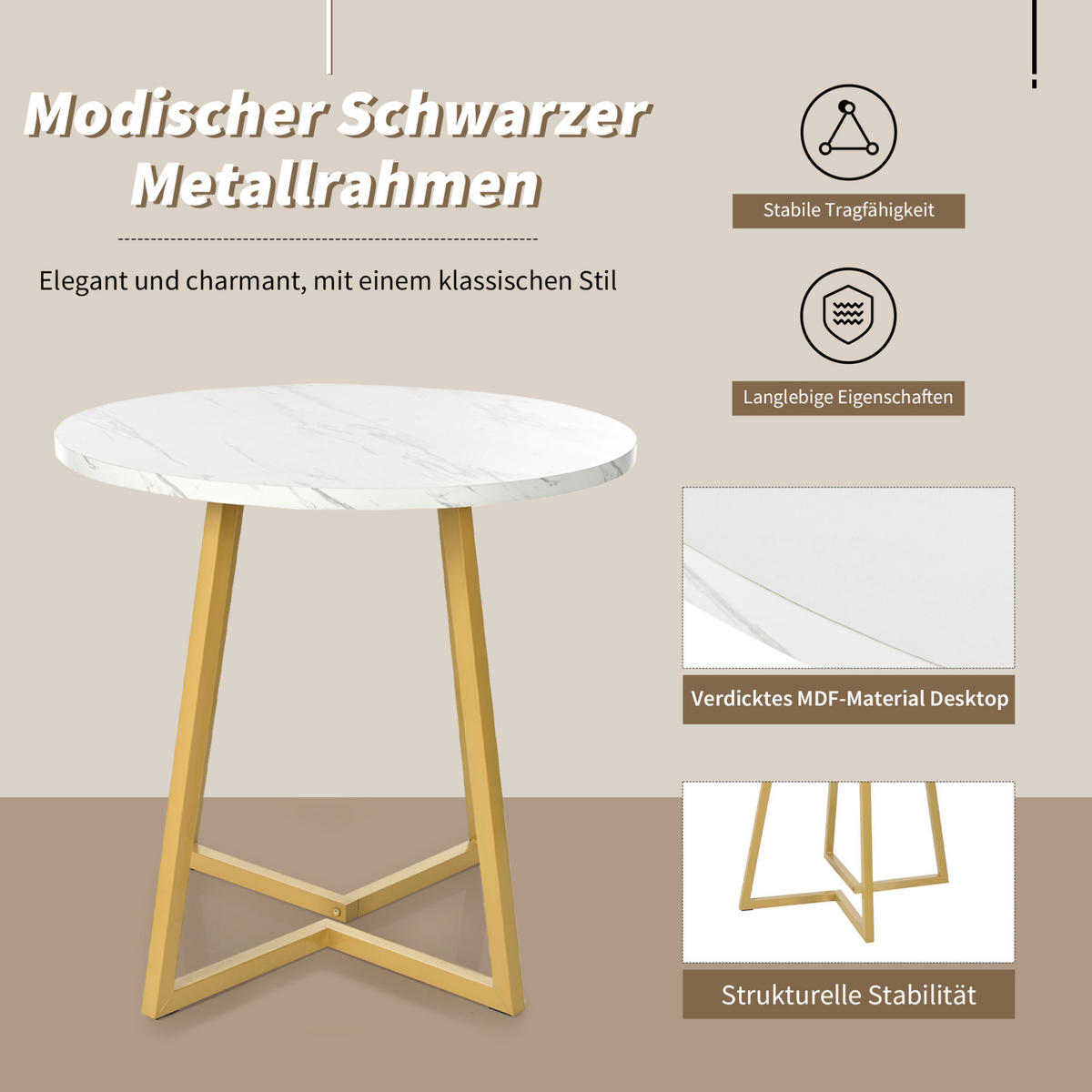 JEDÁLENSKÝ stôl MDF 80 cm biely s mramorovým dekorom a kovovou podnožou - biela, kompozitné drevo (80/80/75cm) - BEAOK