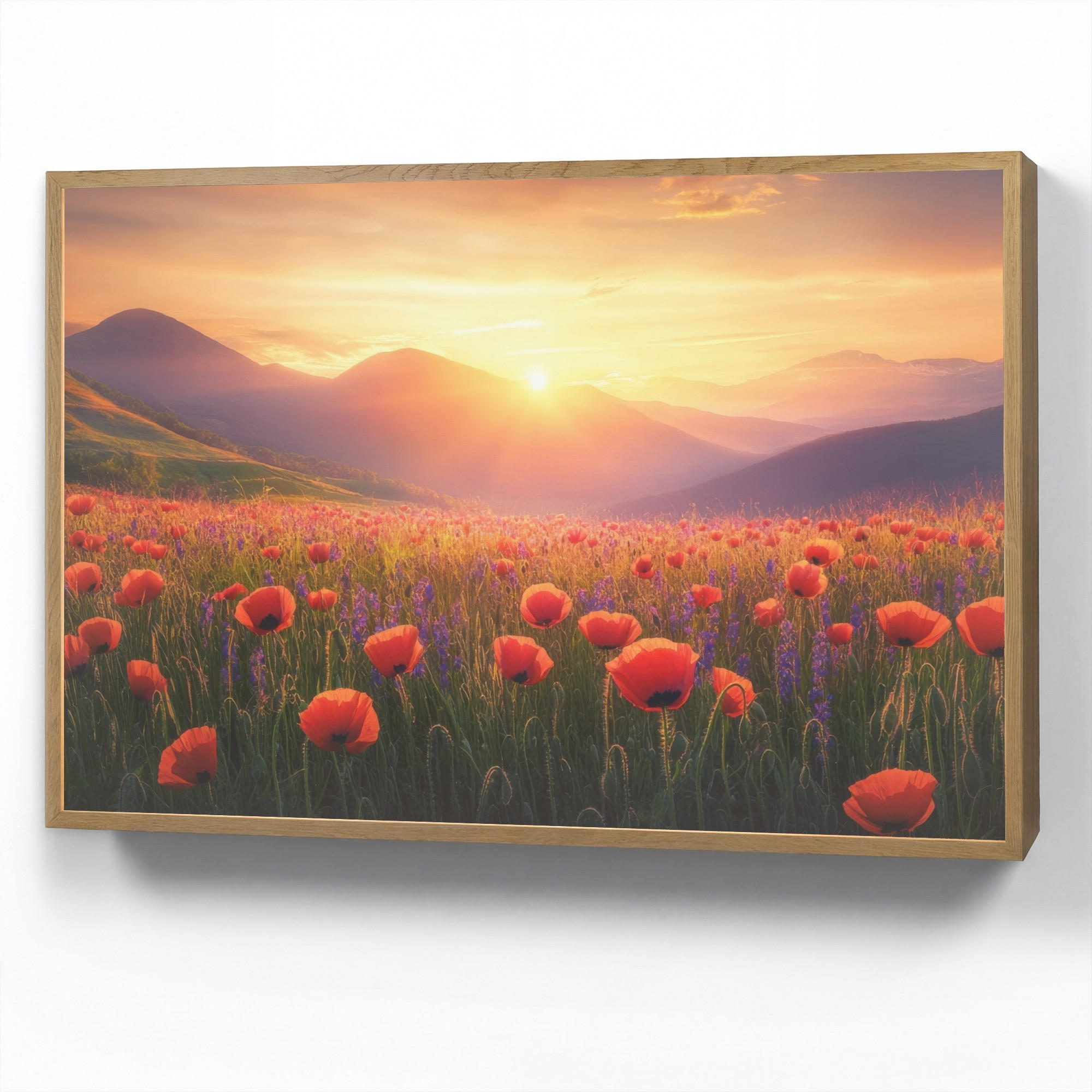 WANDLEUCHTE MIT AKKU Landschaft - Sonnenuntergang - Blumenfeld 100x70 cm - Rot, Holzwerkstoff (100/70/8cm) - OnlyWow