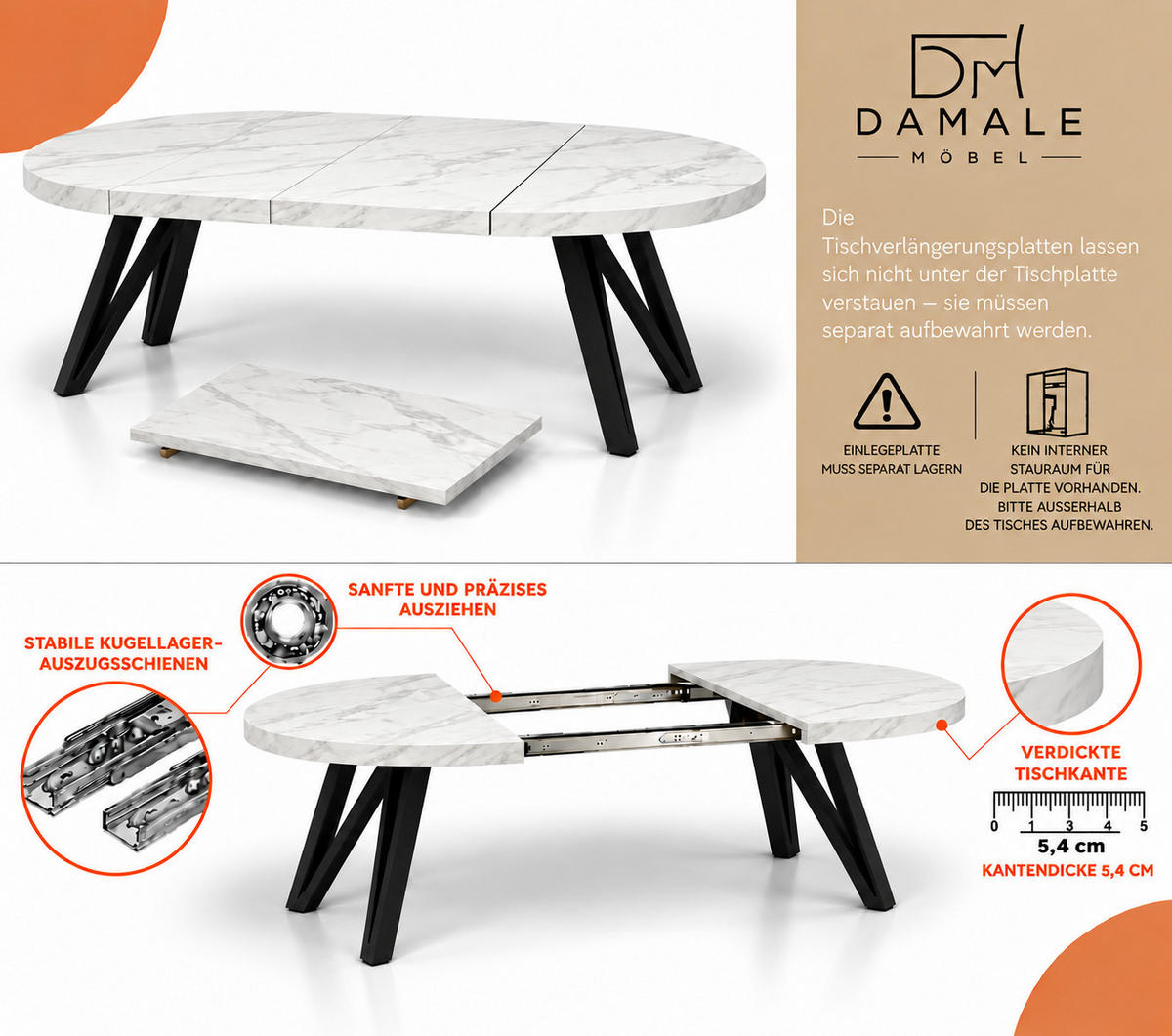 ESSTISCH rund ausziehbar 110/210/76 cm, Marmor, 54 cm Tischplatte + Industrial Metallgestell Schwarz - Hellgrau/Schwarz, Holzwerkstoff/Metall (110/210/76cm) - Damale Möbel