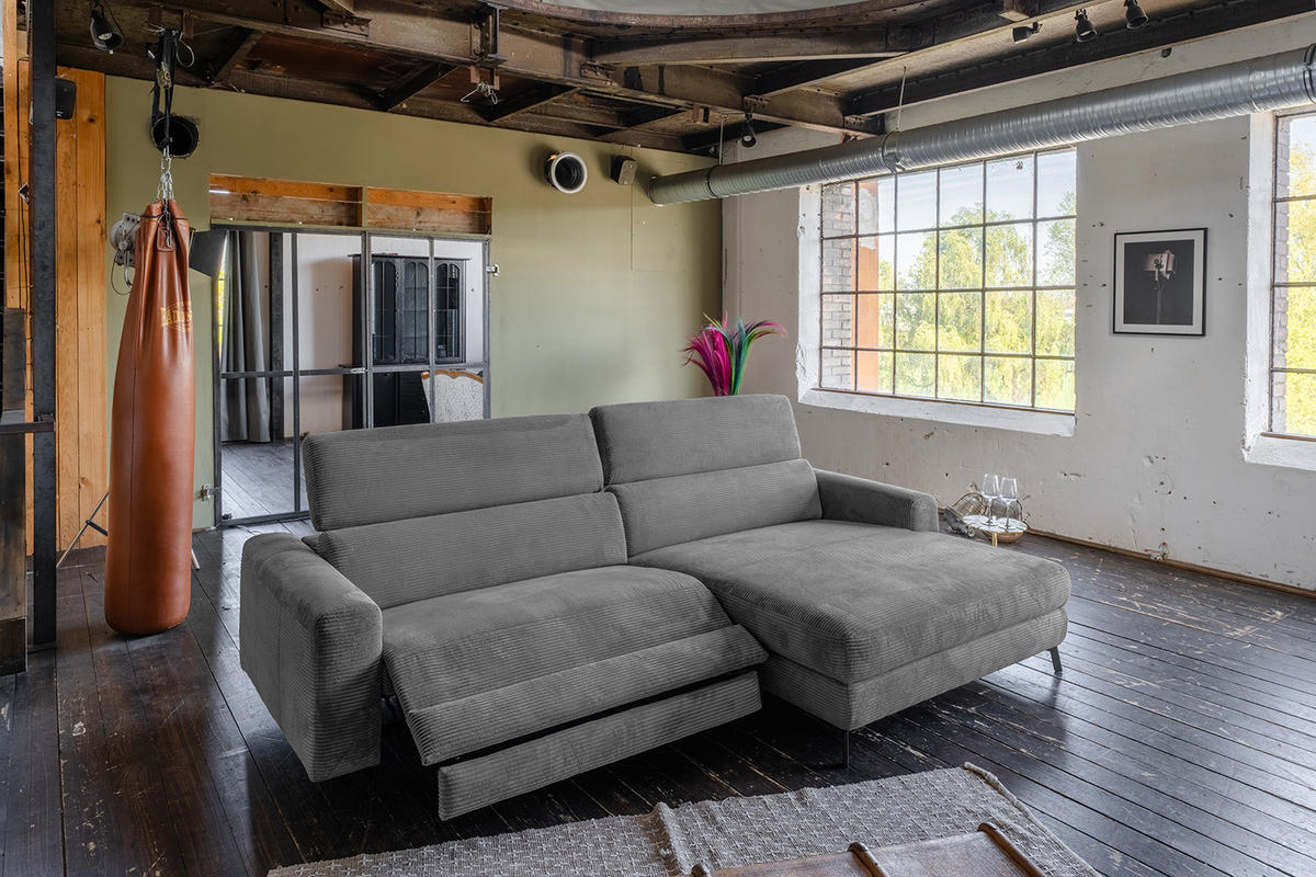 ECKSOFA LAISKA Grau Cord Relaxfunktion - Schwarz/Grau, Textil/Metall (282/177cm) - KAWOLA