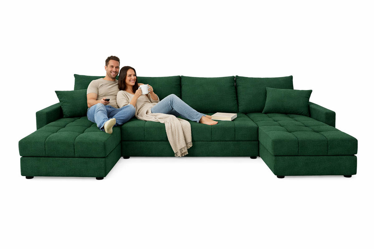 WOHNLANDSCHAFT AURELIA – Ecksofa in U-Form mit Schlaffunktion, Bettkasten & Kissen Stoff KRONOS 287 cm Grün - Grün, Kunststoff (287/140cm) - Wohnideebilder