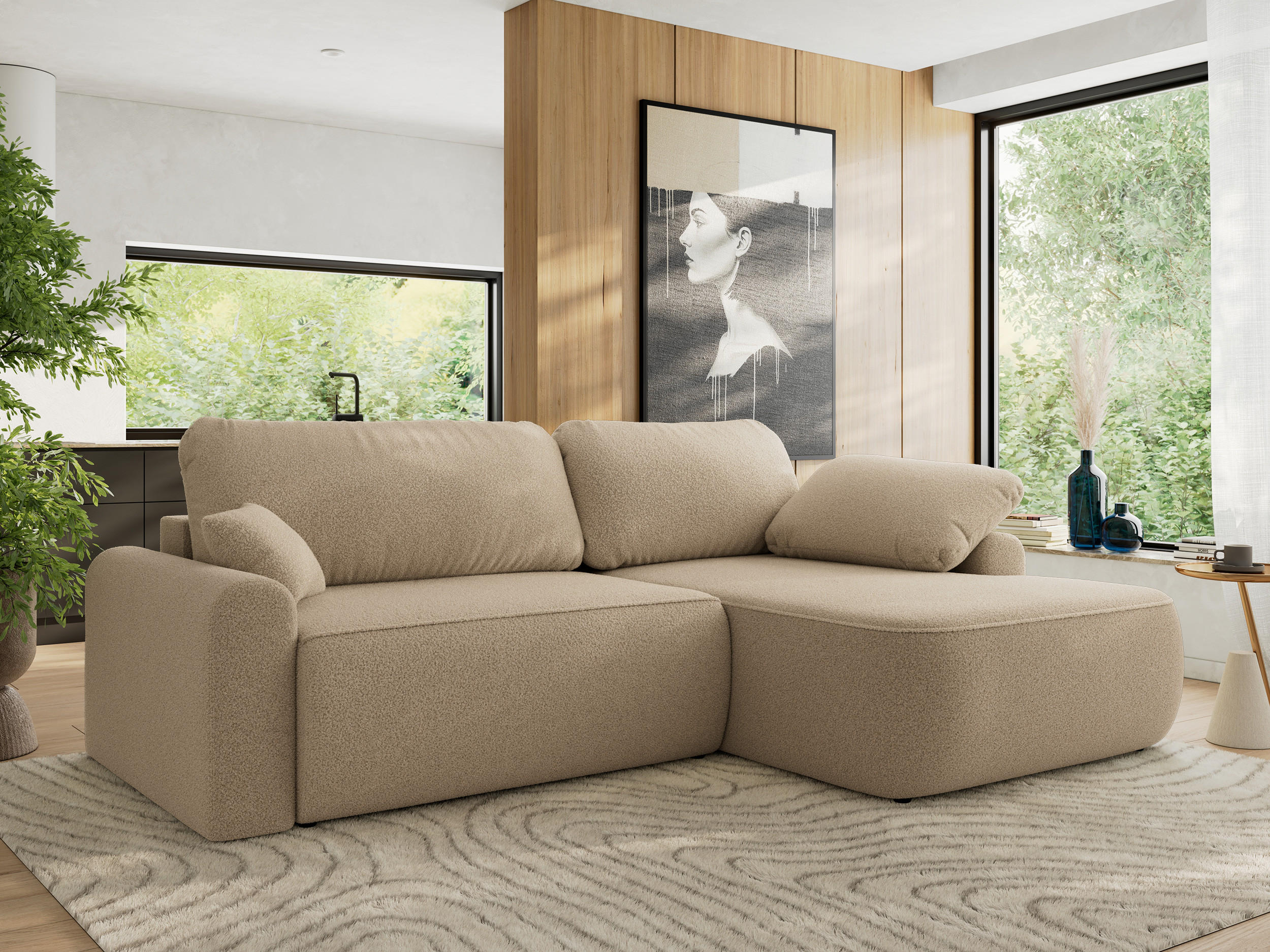 ECKSCHLAFSOFA CUBO L Hellbraun Boucle - rechts - Schwarz/Braun, Kunststoff/Textil (187/273cm) - MKS