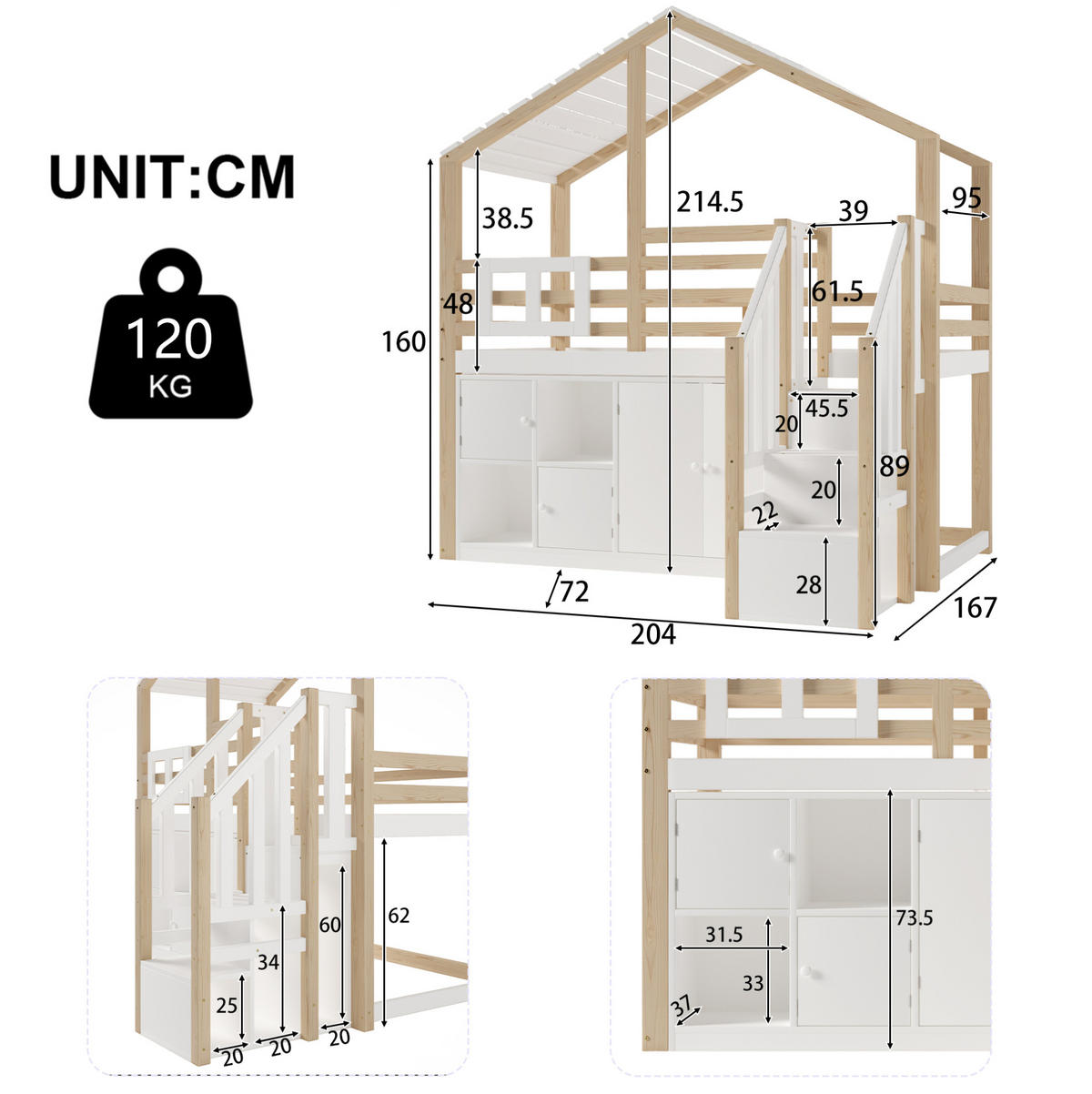 HOCHBETT aus Kiefer 90x200 cm Weiß/Natur mit Stauraumleiter, Schließfächern, Fenster und Hausform - Weiß, Holz (90/200cm) - Modfu