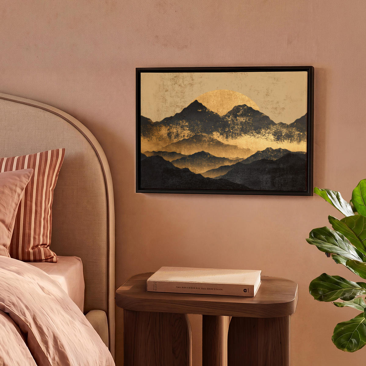 LEINWAND Bilder mit Rahmen - Goldene Berge bei Mondschein - 40x30 - Goldfarben, Textil (40/30cm) - MuchoWow