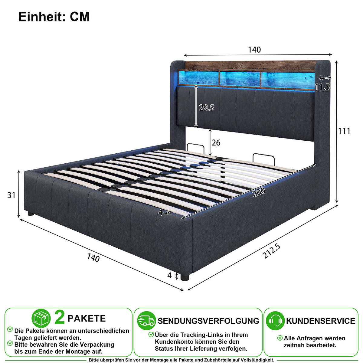 ČALOUNĚNÁ POSTEL 140/200 cm v šedé lněné látce s LED, USB, Type-C a úložným prostorem - šedá, kov/kompozitní dřevo (140/200cm) - CHICFURN