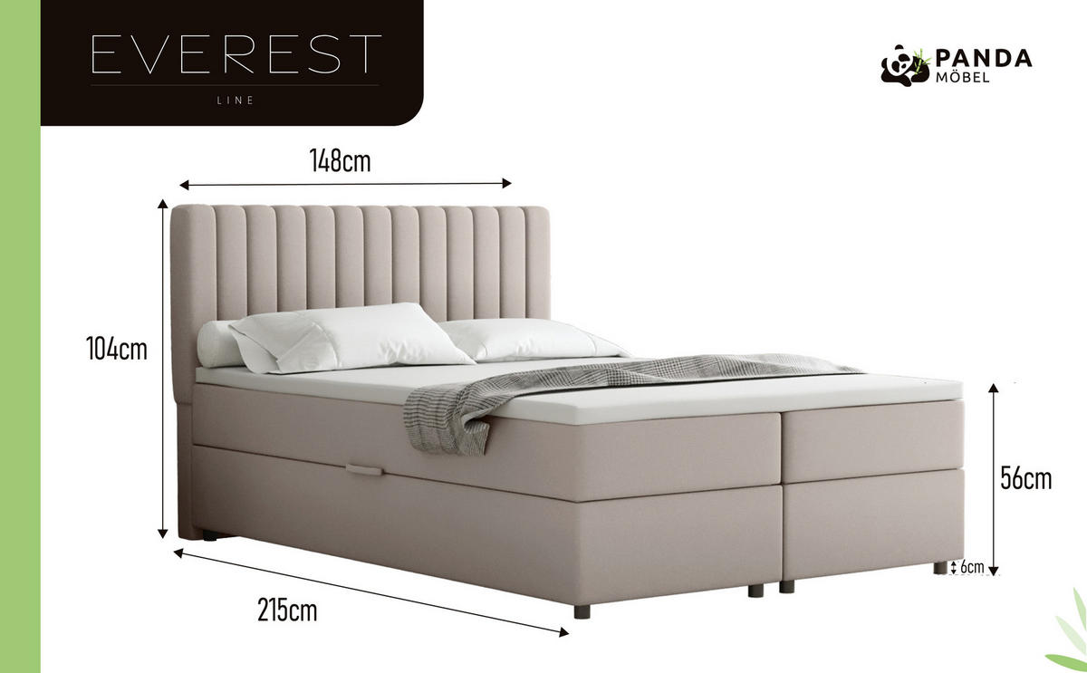 BOXBETT Everest beige 140 x 200 cm Doppelbett mit hochwertiger Bonell-Matratze und Topper - Cappuccino, Holz (140/200cm) - Panda Möbel