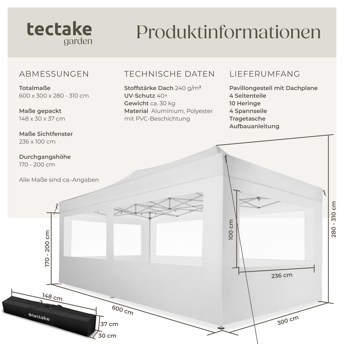 PAVILLON Viola,inklusive Spannseile, Heringe und Tragetasche,weiß - Weiß, Kunststoff (300/280/600cm) - tectake