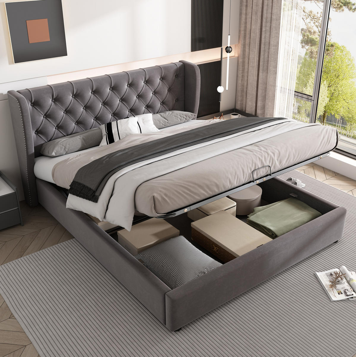 POLSTERBETT aus Samt 140x190 cm Grau mit hydraulischem Bettkasten und Lattenrost - Grau, Textil (140/190cm) - IVMEU