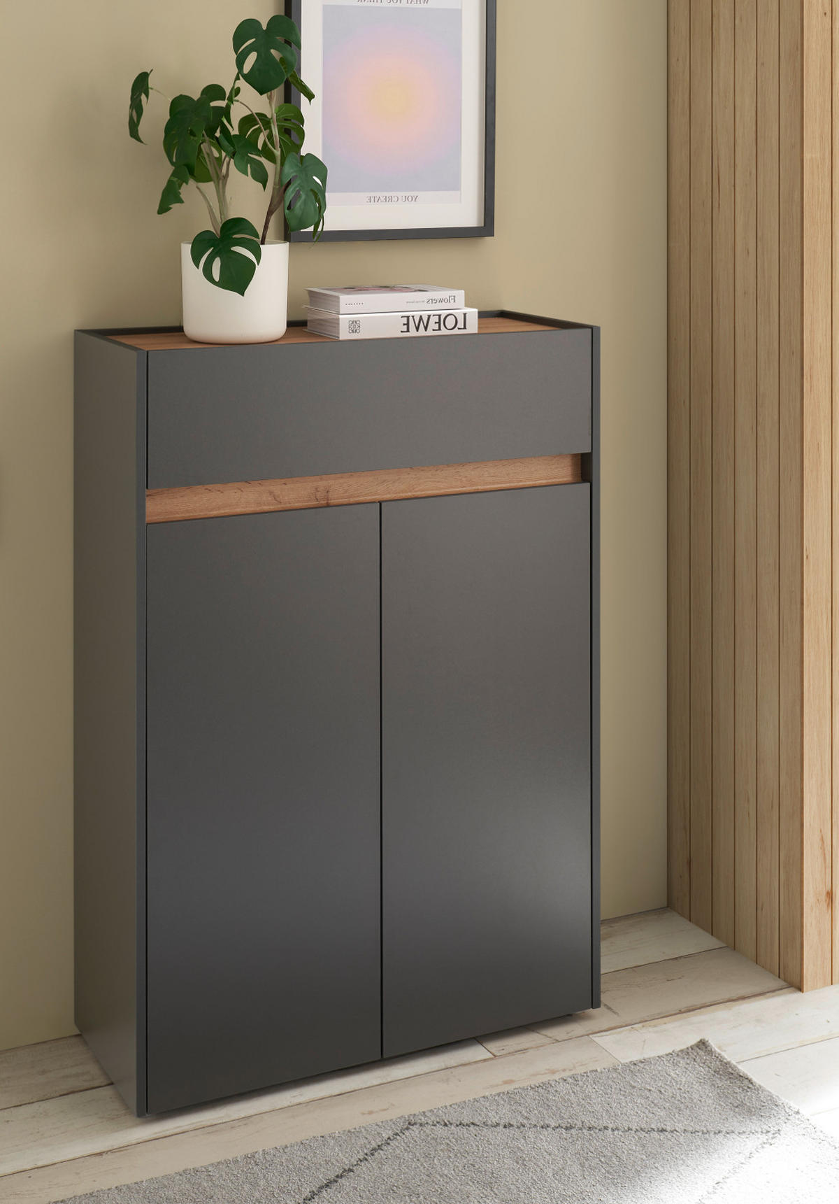 SCHUHSCHRANK grau matt, Eiche Wotan, Flurkommode 85 x 122 cm - Eiche Wotan/Schwarz, Holzwerkstoff/Kunststoff (85/122/122cm) - Furn.Design