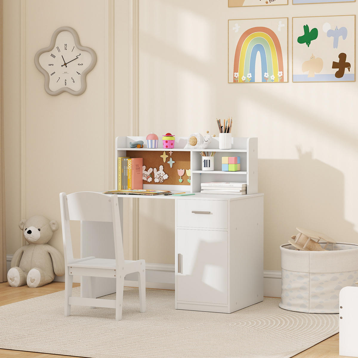 SCHREIBTISCH-SET DE-17563 mit Schrank, Schublade und Korktafel Weiß - Weiß, Holzwerkstoff (90.2/90.8/48.1cm) - ComfortXL