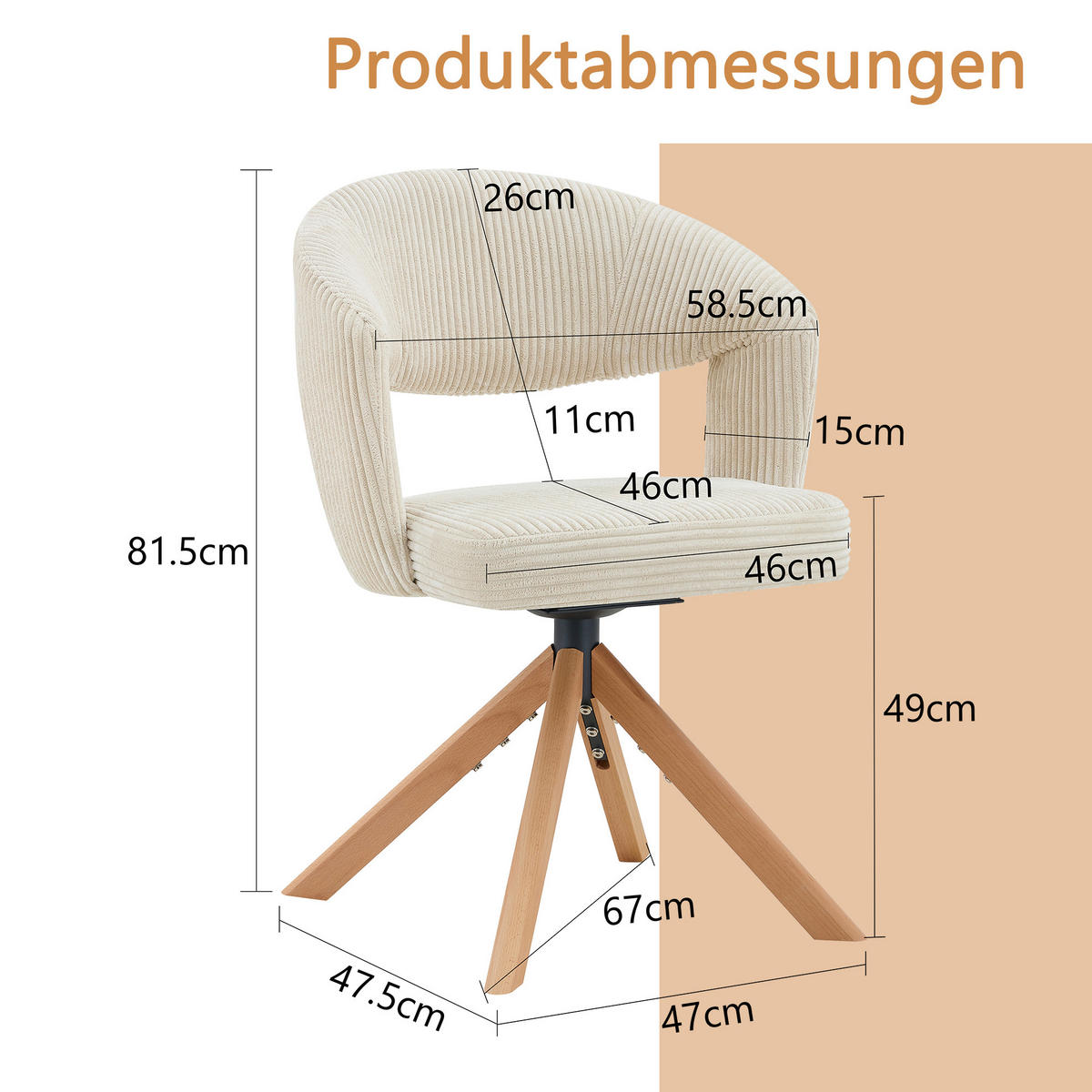 ESSZIMMERSTUHL mit Drehfunktion 2er-Set Cord Weiß Holzfarben - Weiß, Holz (47.5/81.5/47cm) - Meubliv