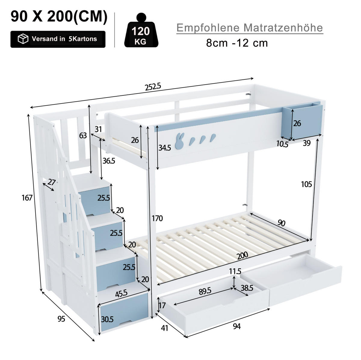 ETAGENBETT 90/200 cm mit Stauraumleiter, Schubladen und abnehmbarem Regal, Weiß, Blau - Weiß, Holzwerkstoff (90/200cm) - Redom