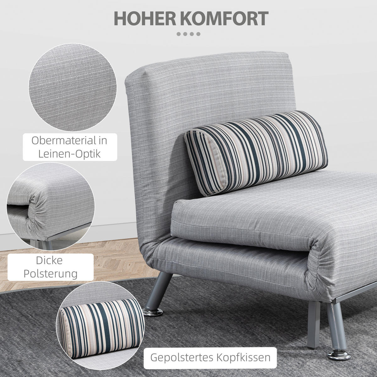 SCHLAFSESSEL, Metall, Leinen, Grau - Grau, Metall (70/75/75cm) - HOMCOM