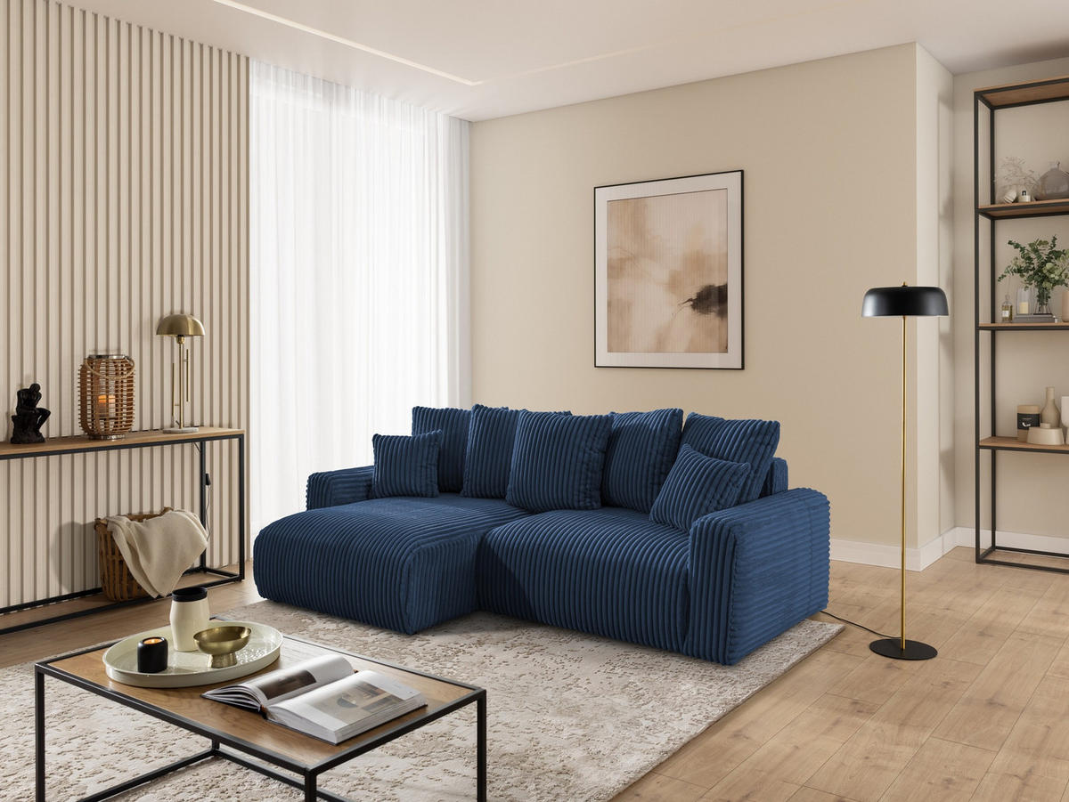 ECKSOFA Calma mit Schlaffunktion und Bettkasten im Bumpy-Design aus weichem Marineblau Plüschcord - Ottomane links - Blau/Schwarz, Holz/Kunststoff (239/140cm) - S-Style