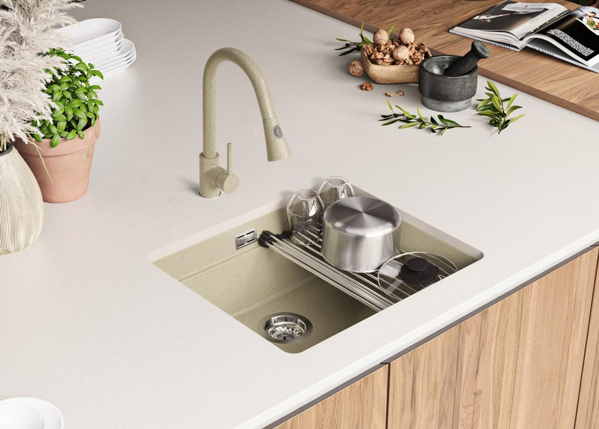 UNTERBAUSPÜLE GRANIT Praga, 2-er set Beige 56/47 cm 1 Becken + Küchenarmatur 38/14 cm + Ablauf-Set + Aufrollbare Abtropffläche ab 60er Unterschrank - Chromfarben/Beige, Kunststoff (56/20/47cm) - Primagran