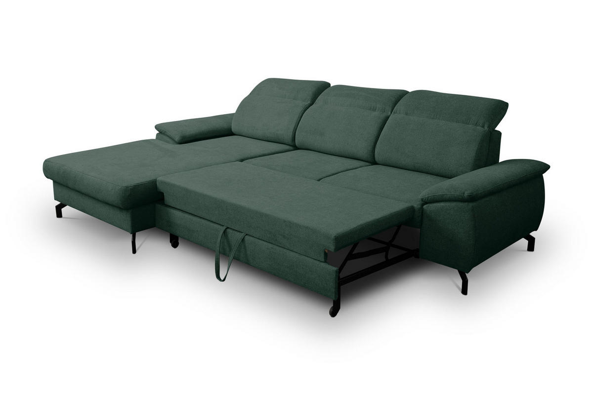 ECKSOFA MALIBU mit Schlaffunktion und Bettkasten, Farbe: Grün, Velourstoff, Ottomane Rechts - Grün, Textil (276/184cm) - VENASI MÖBEL