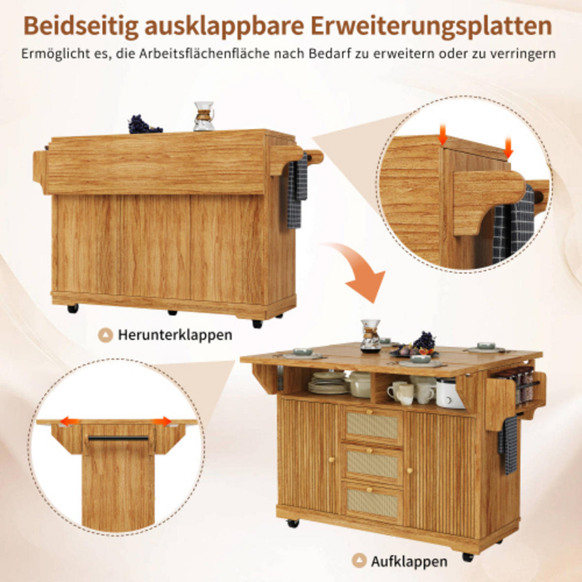 KÜCHENINSEL 142,5×40-80×95 cm aus MDF, Metall und PE-Rattan mit beidseitig klappbarer Tischverlängerung, dunkelbraun - Dunkelbraun, Holzwerkstoff (142.5/95/80cm) - Luhomfu