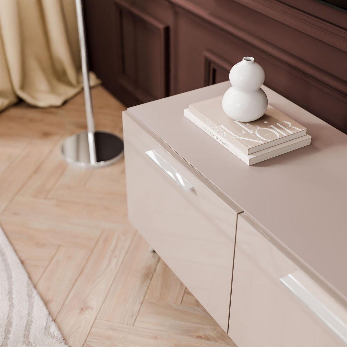 TV-ELEMENT AURA 100 KASCHMIR Hochglanz auf schrägen silbernen Beinen + LED - Kaschmir/Silberfarben, Holzwerkstoff (100/49/40cm) - Lookway