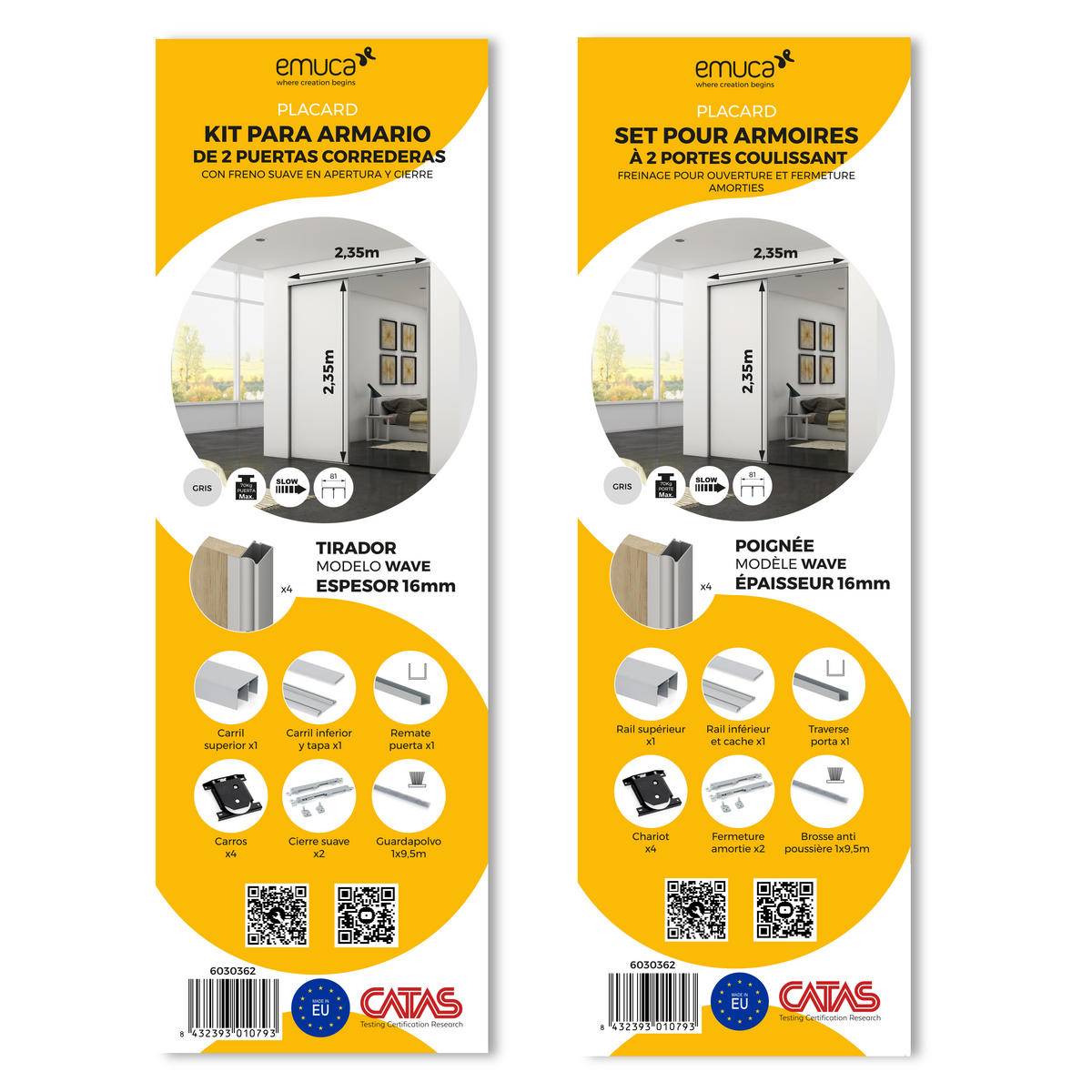 HARDWARE SET für Placard 81 2-Schiebe-Kleiderschrank mit sanftem Schliessen, Wave-Profil, Stärke 16mm, Paneele nicht inbegriffen, Matt eloxiert - Dunkelgrau, Metall (8/6/235cm) - EMUCA