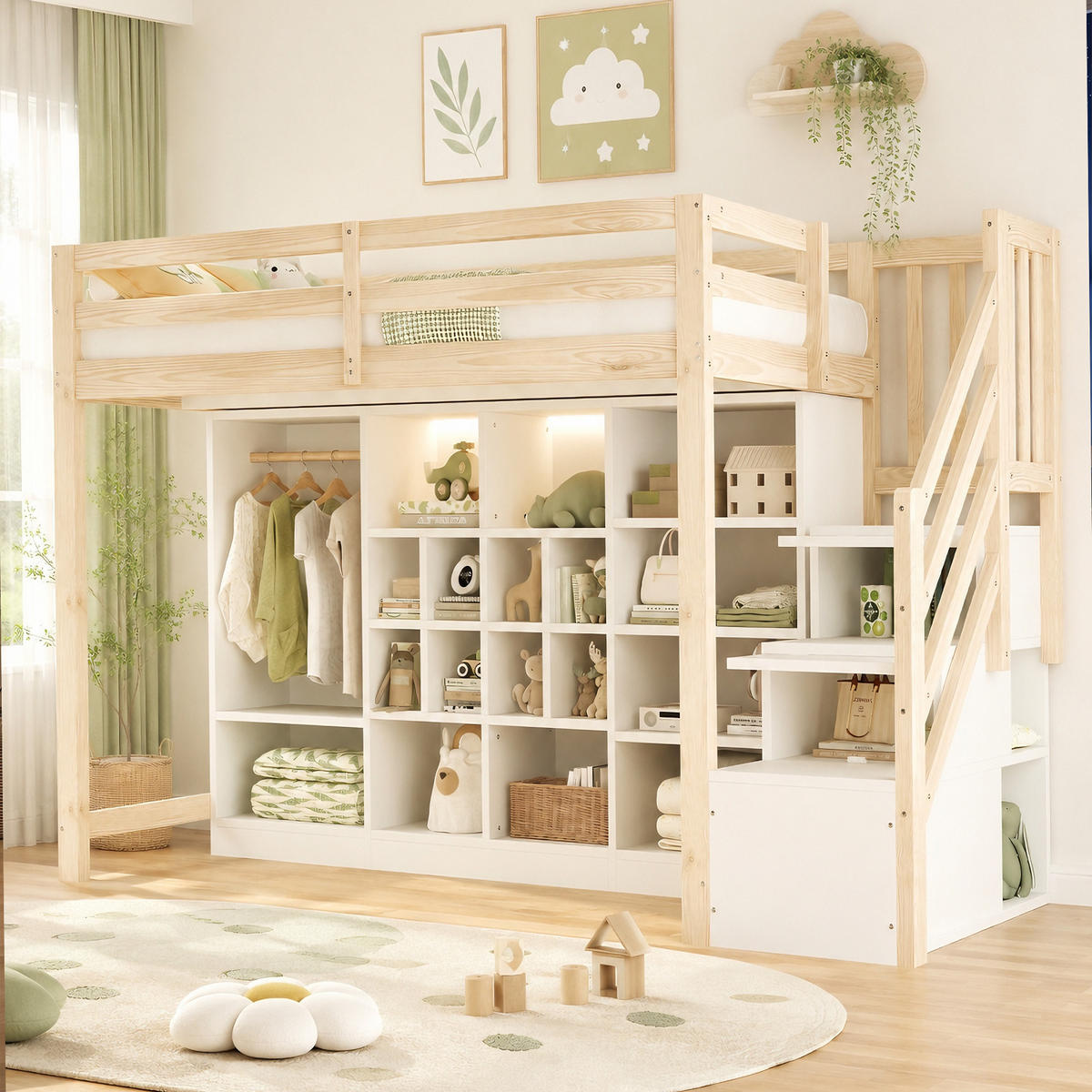 HOCHBETT 90x200cm Holz Stauraum LED Kleiderschrank - Multicolor, Holz (90/200cm) - FLIEKS