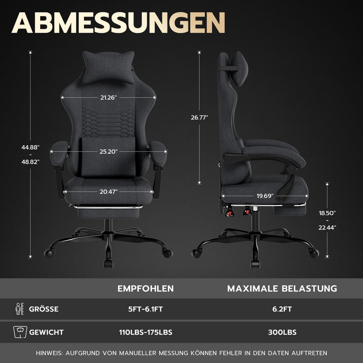 GAMING-STUHL ergonomischer, Bürostuhl mit Fußstütze & Lendenstütze - Schwarz, Textil (65/114/65cm)