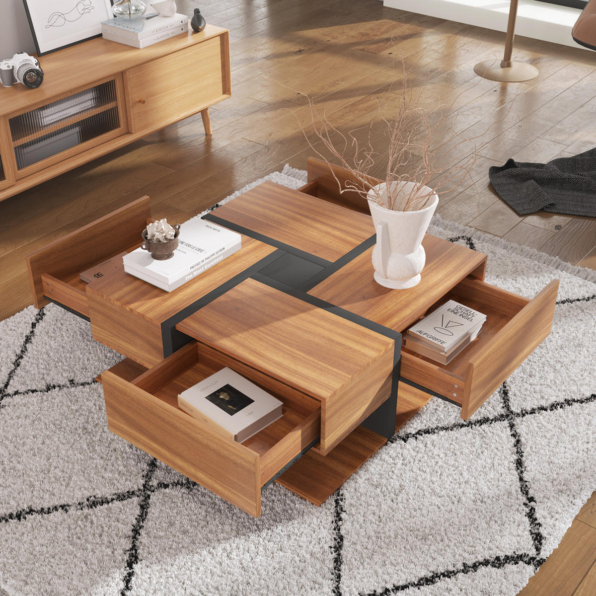 COUCHTISCH 4 Schubladen 78x78cm Linien-Design Natur - Braun, Holz (60/39/29.5cm) - FLIEKS