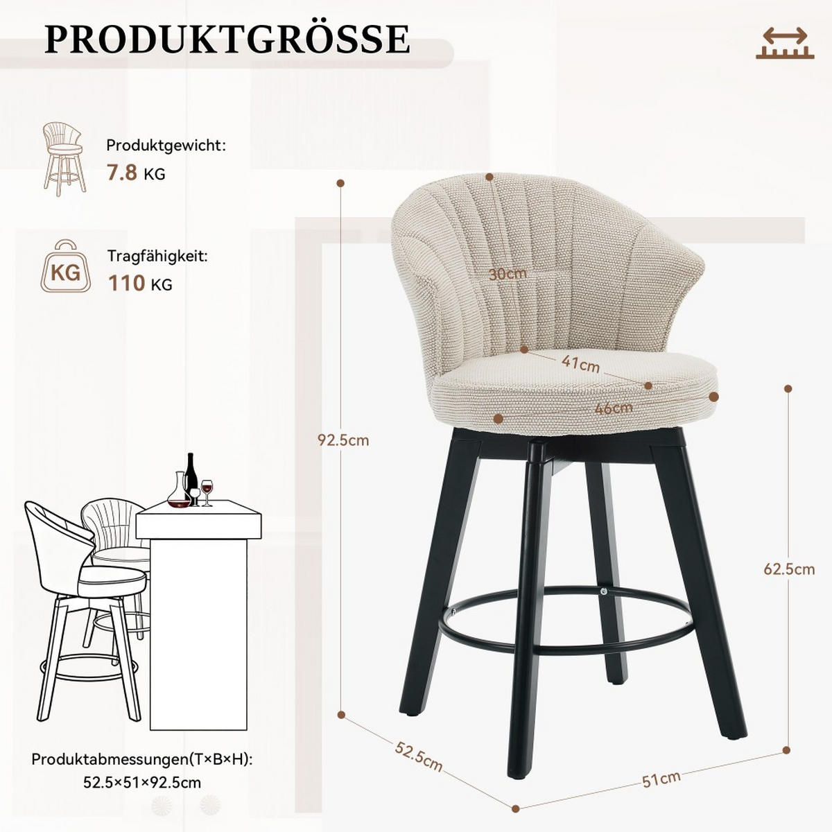 BARHOCKER 2er-Set Dreh-Polsterhocker - Beige, Naturmaterialien (51/92.5/52.5cm)
