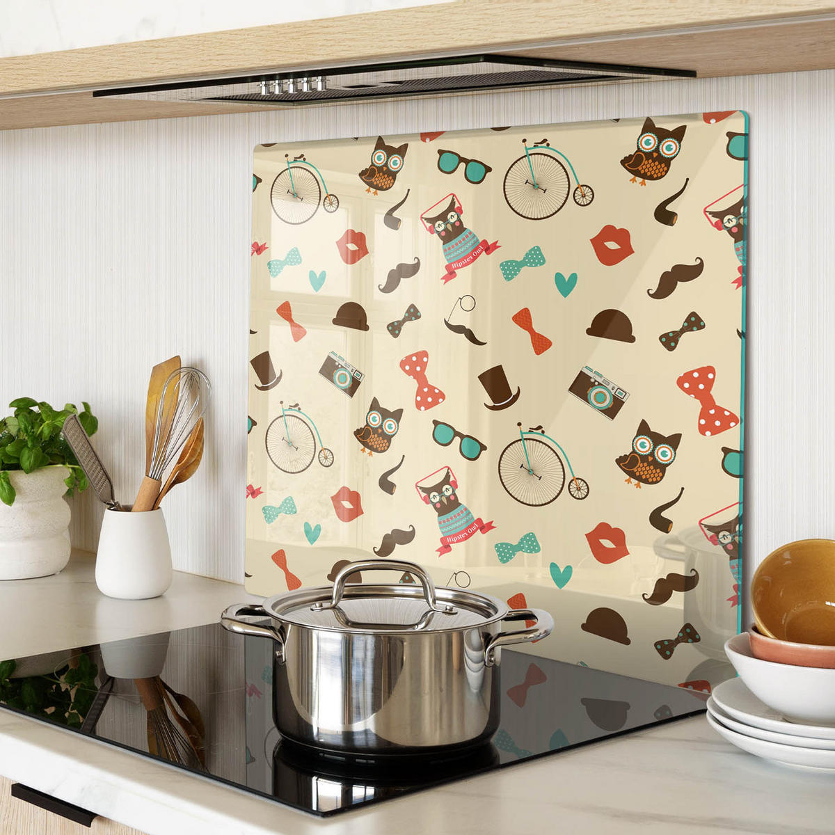 GLASPLATTE 60x52 cm Hipster-Eulen - Multicolor, Glas (60/0.4/52cm) - TULUP