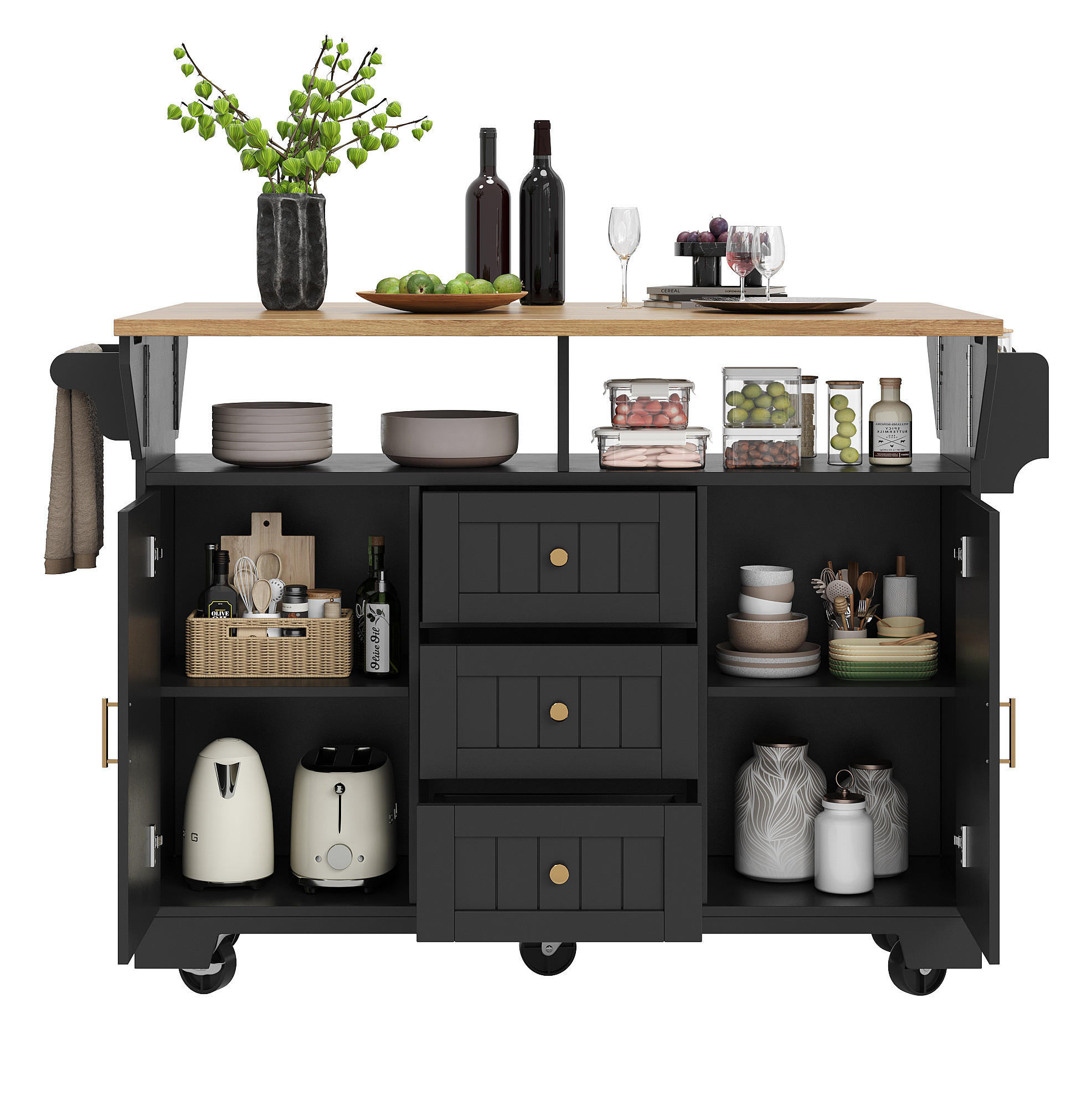 OKWISH KUCHYŇSKÝ ostrůvek 120/40/95 cm černý z MDF a kovu s výklopnou deskou a úložným prostorem