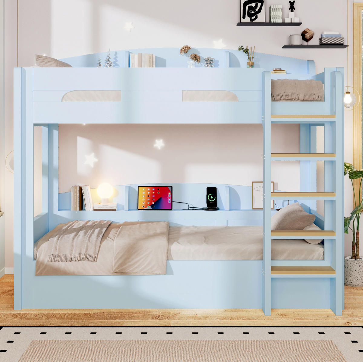 ETAGENBETT 90/200 cm in Hellblau mit USB-Steckdose und Ablagefächern - Blau, Holz (90/200cm) - Flora Grace