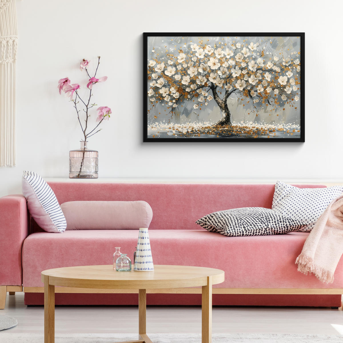 POSTER MIT RAHMEN Baum - Blumen - Weiß - Natur - Kunst 90x60 cm - Weiß, Papier (90/60cm) - MuchoWow