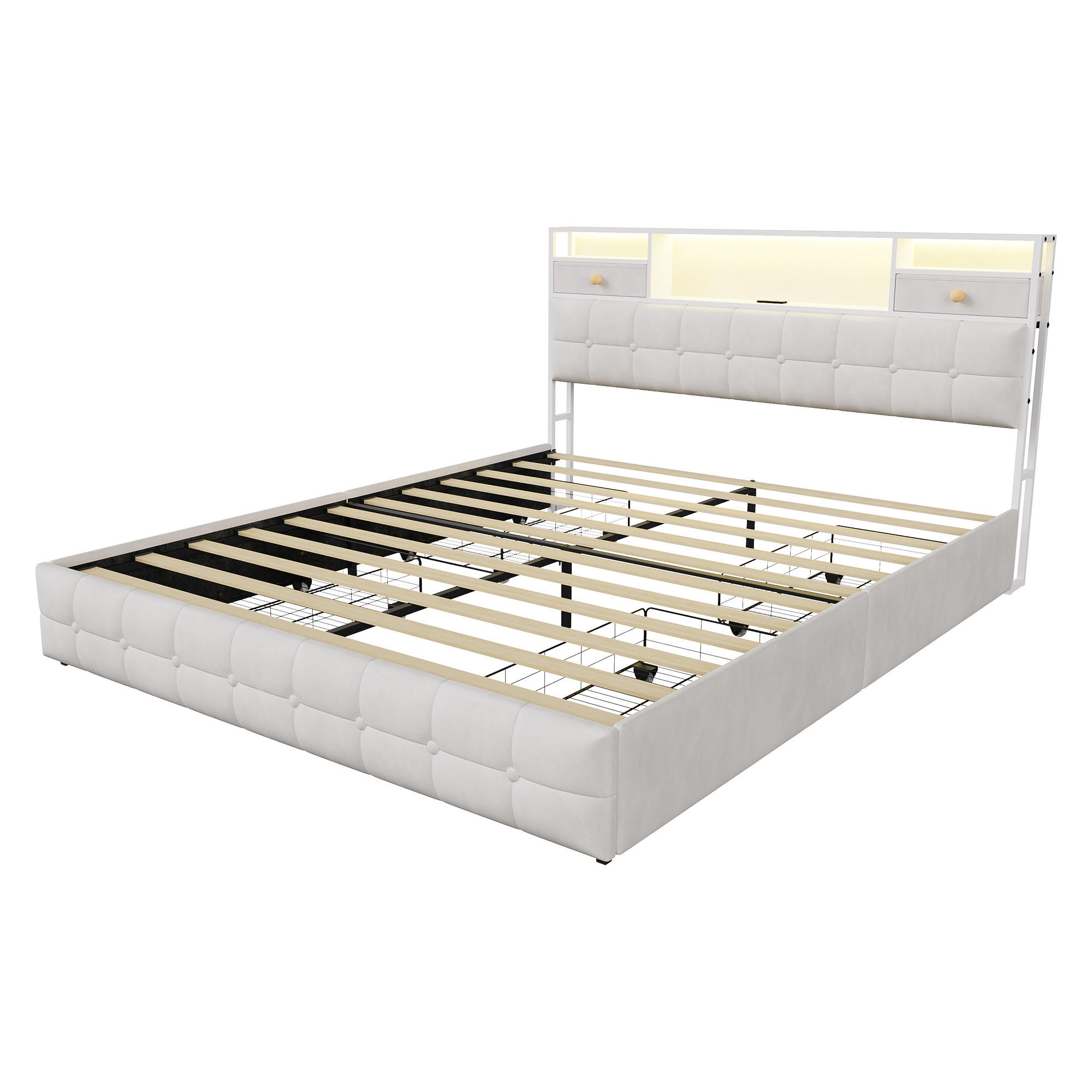 SÄNG 160x200cm beige med lådor, RGB-LED och laddningsstation - Vit, Trä - SHOPENTRA
