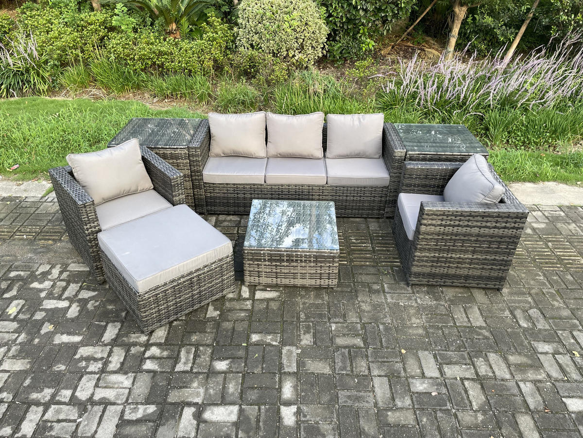GARTENSET mit Beistelltisch Polyrattan 6-Sitzer - Dunkelgrau, Metall - Fimous
