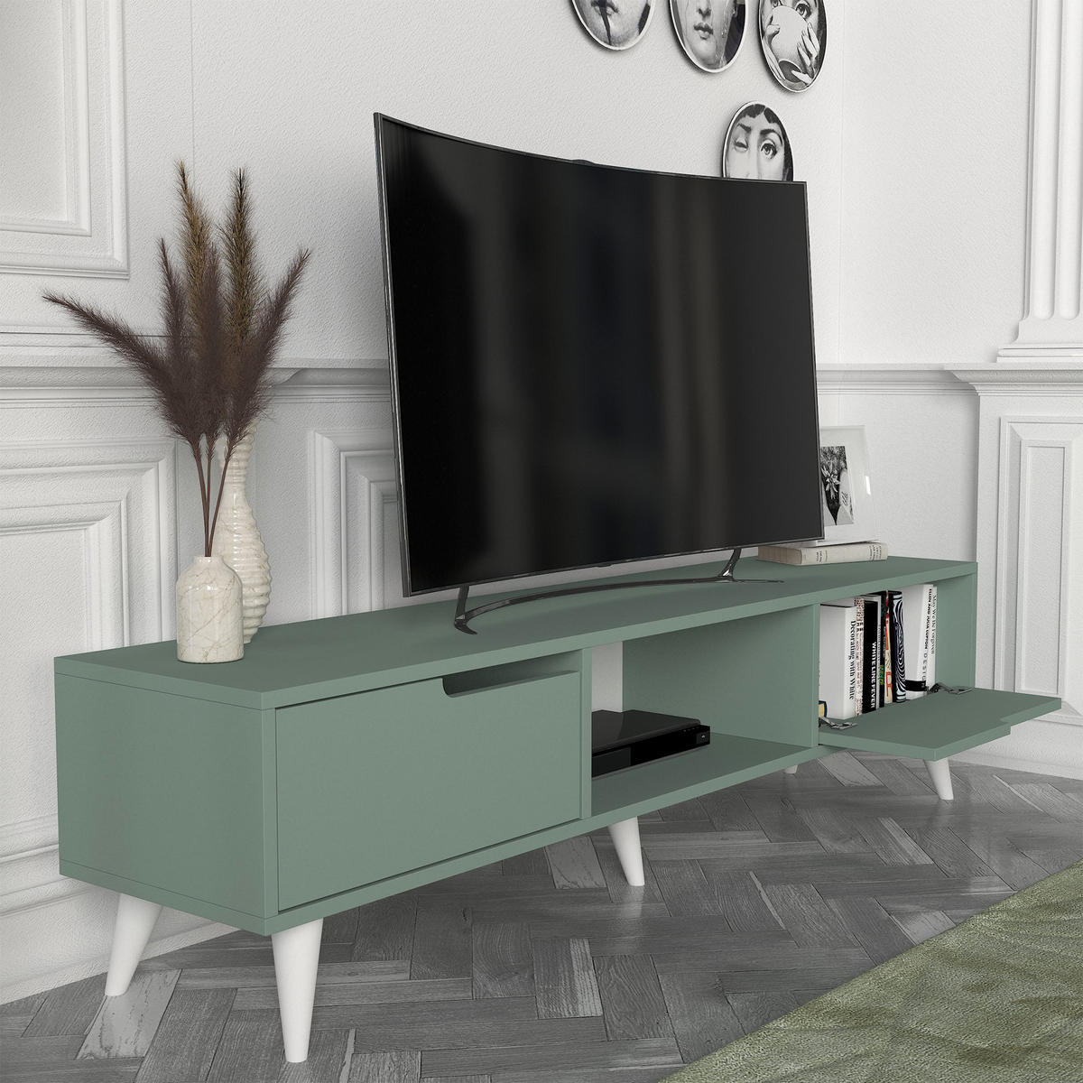 FERNSEHSCHRANK Kullila - Eichefarben/Grün, Holzwerkstoff (35/40/160cm) - [en.casa]